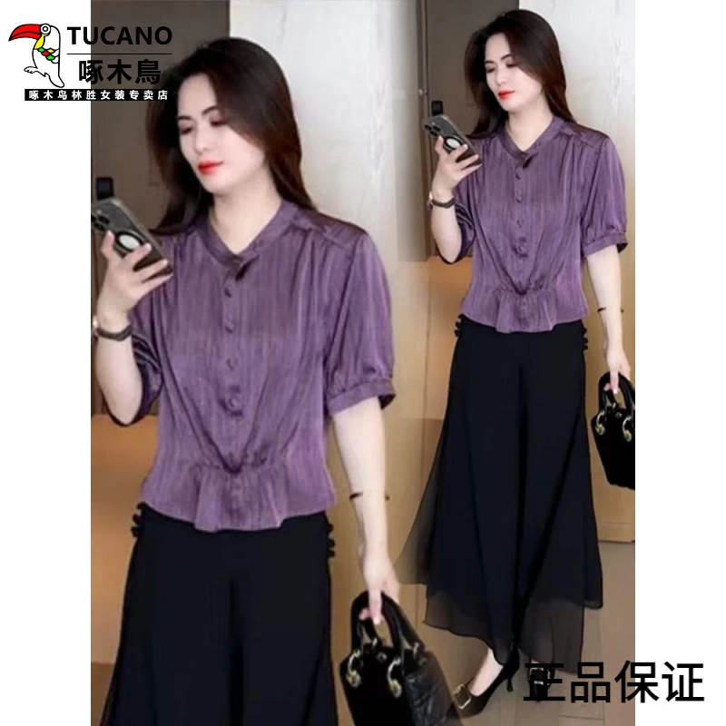啄木鸟时尚减龄高级感短袖衬衫女2025夏季时髦百搭新款宽松遮肉潮