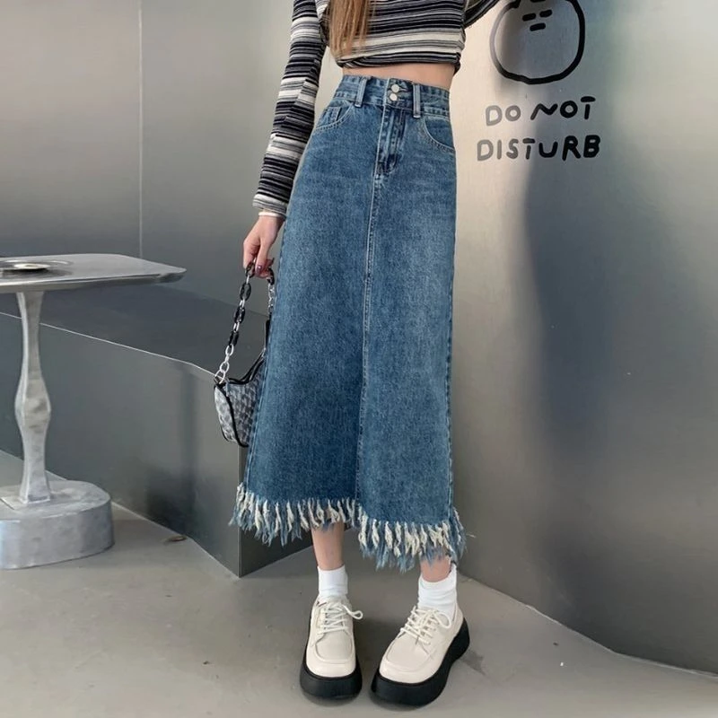 裙子毛边开叉牛仔裙流苏做旧高腰渐变色复古小个子夏季百搭中长款