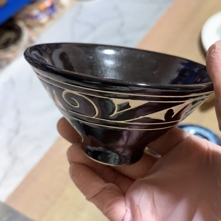 瓷片磁州窑黑刻斗笠盏口径10厘米