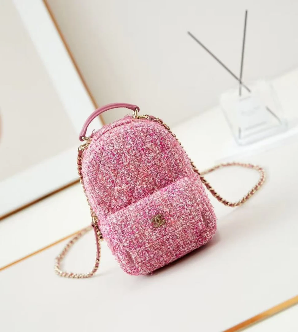95新 Chanel/香奈儿 GGS丨24C双肩包mini粉金毛呢芯片款/75752482