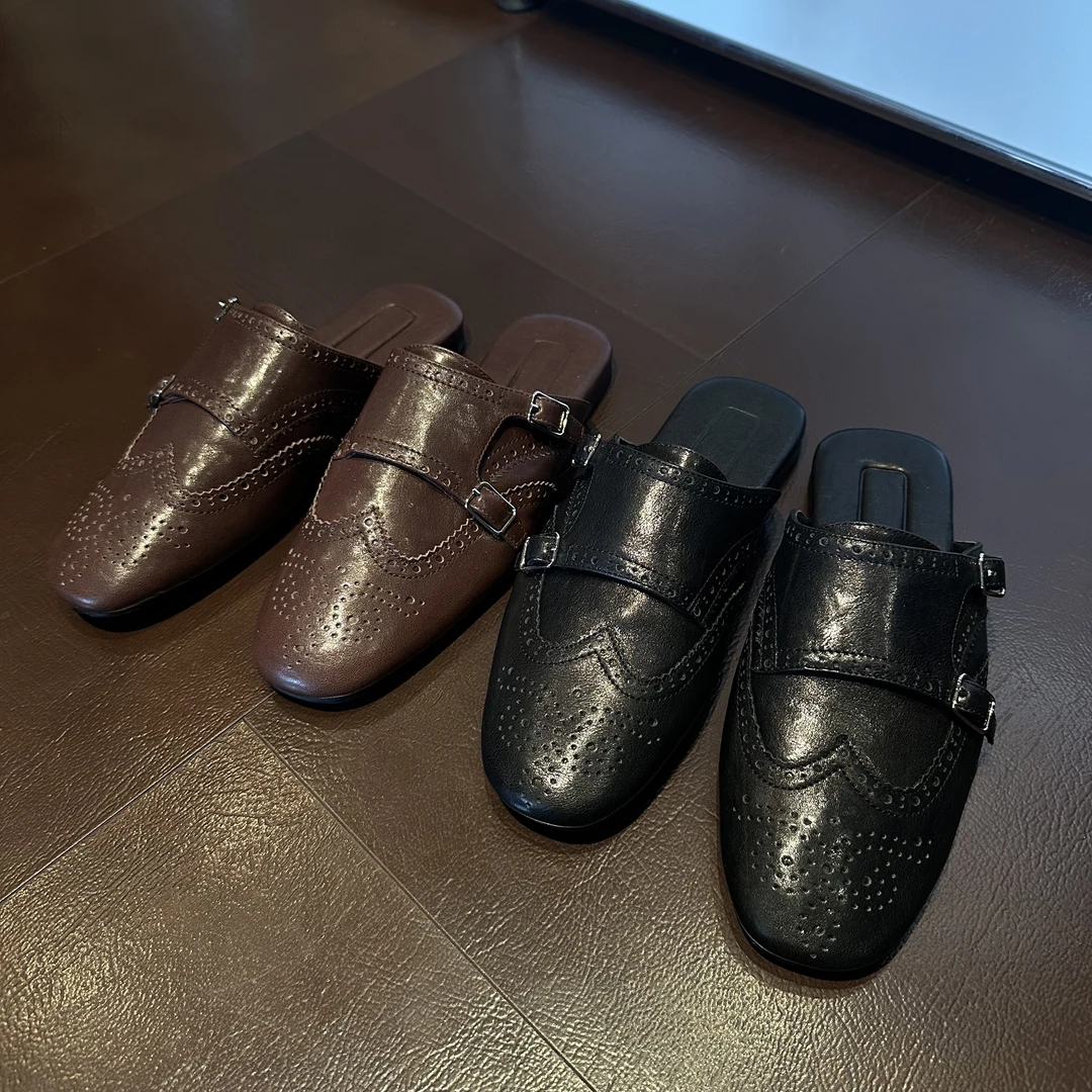 YOENMOM·春季新品 复古手工镂空雕花水洗牛皮英伦风百搭穆勒半拖