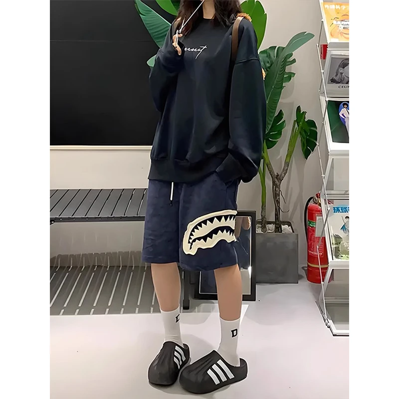 美式贴布鲨鱼嘴短裤男夏外穿潮牌宽松五分裤子速干直筒休闲运动裤