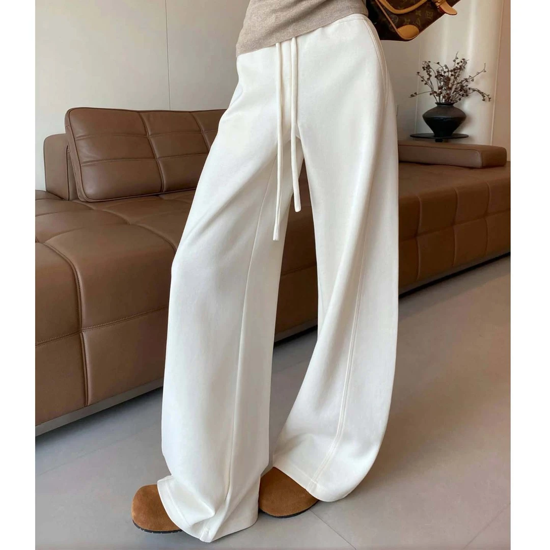 大码米白色弯刀运动裤女2025秋冬季新款加厚高腰宽松休闲阔腿卫裤