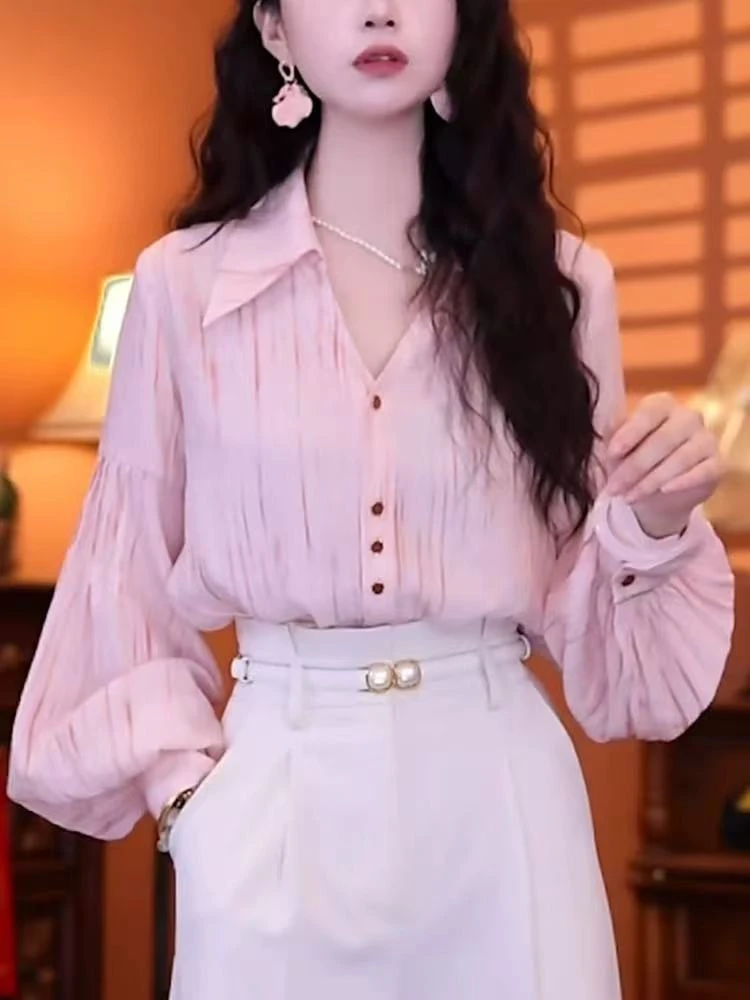 【695】港风复古粉色衬衫女夏款新款爆款女装轻薄衬衣灯笼袖上衣