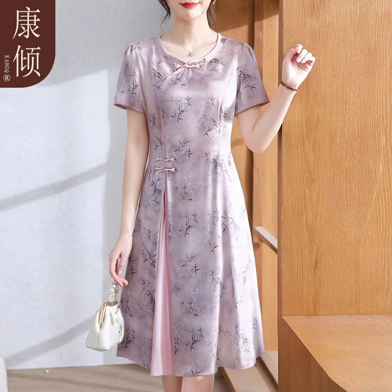 妈妈夏装短袖改良旗袍中老年女装洋气高贵连衣裙新中式雪纺气质裙