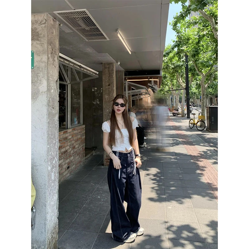 2025夏季新款修身显瘦小众设计感露肩上衣休闲简约时尚宽松长裤女