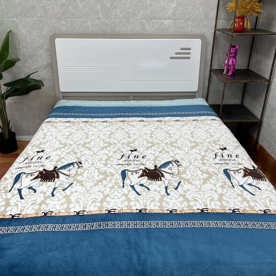 羽蓝家纺推荐【蓝色大马被子】2.0*2.27欧美印花加绒加厚可机洗被子