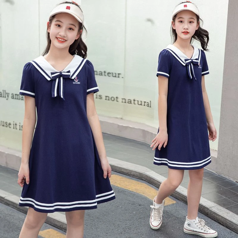 儿童裙子2025新款夏季学院风海军领短袖连衣裙女学生韩版公主裙