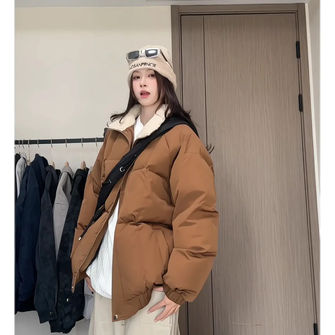 新款冬季美式休闲棉衣立领毛领外套简约高街宽松百搭运动情侣