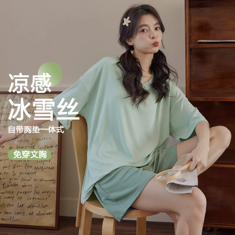 夏天冰凉丝滑睡衣带胸垫高级感冰丝家居服2025新款短袖短裤两件套