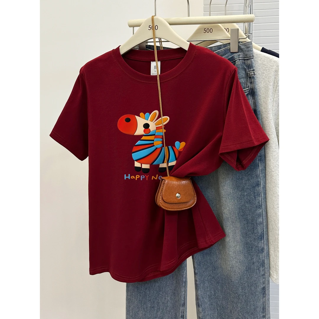 休闲小马印花正肩短袖t恤女装2026新款韩版时尚显瘦大码胖mm上衣