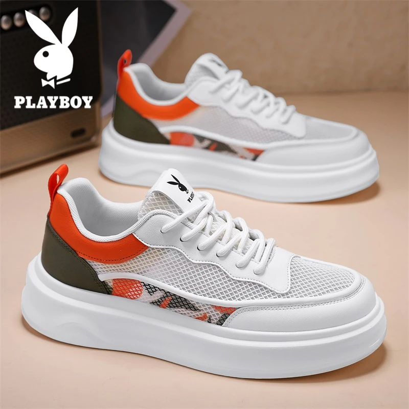 花花公子男鞋2025夏季新款镂空透气运动休闲网面增高上班小白板鞋
