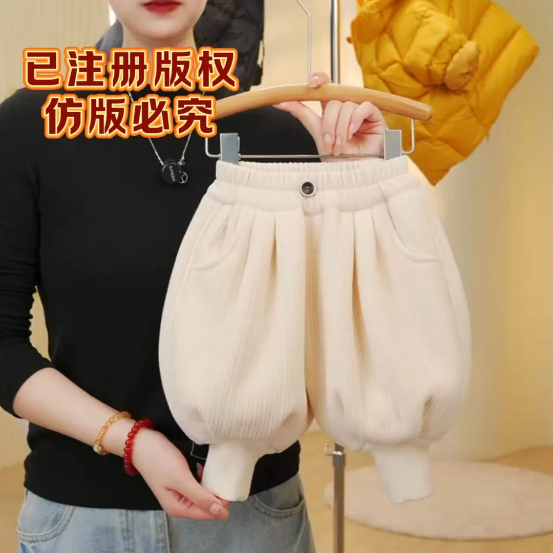 Y1单件【加绒裤子】冬季儿童新款韩版百搭黑色厚雪尼尔净版灯笼裤