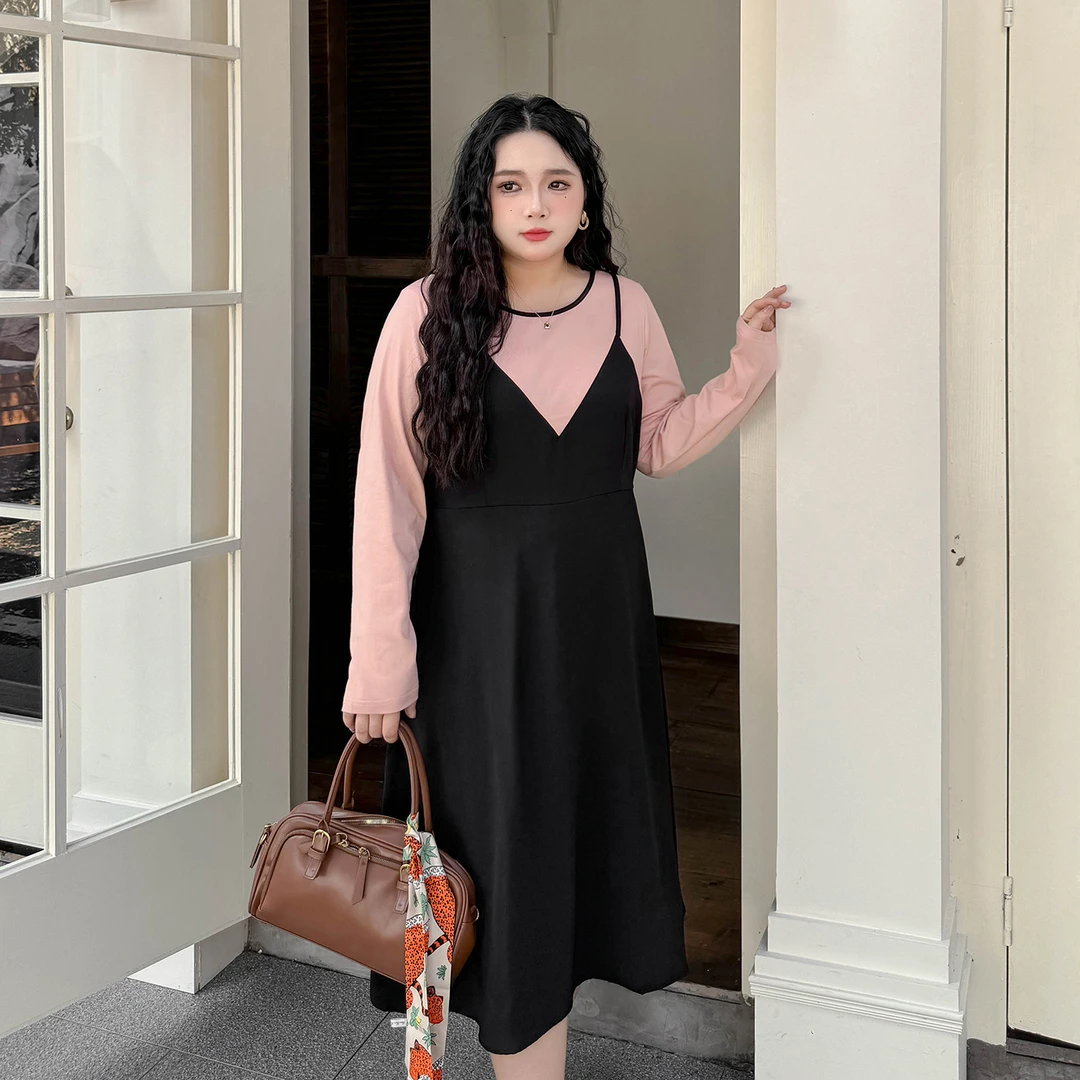 A1410大码女装【秋日的旅行】初秋胖mm假两件拼接高腰长袖连衣裙子