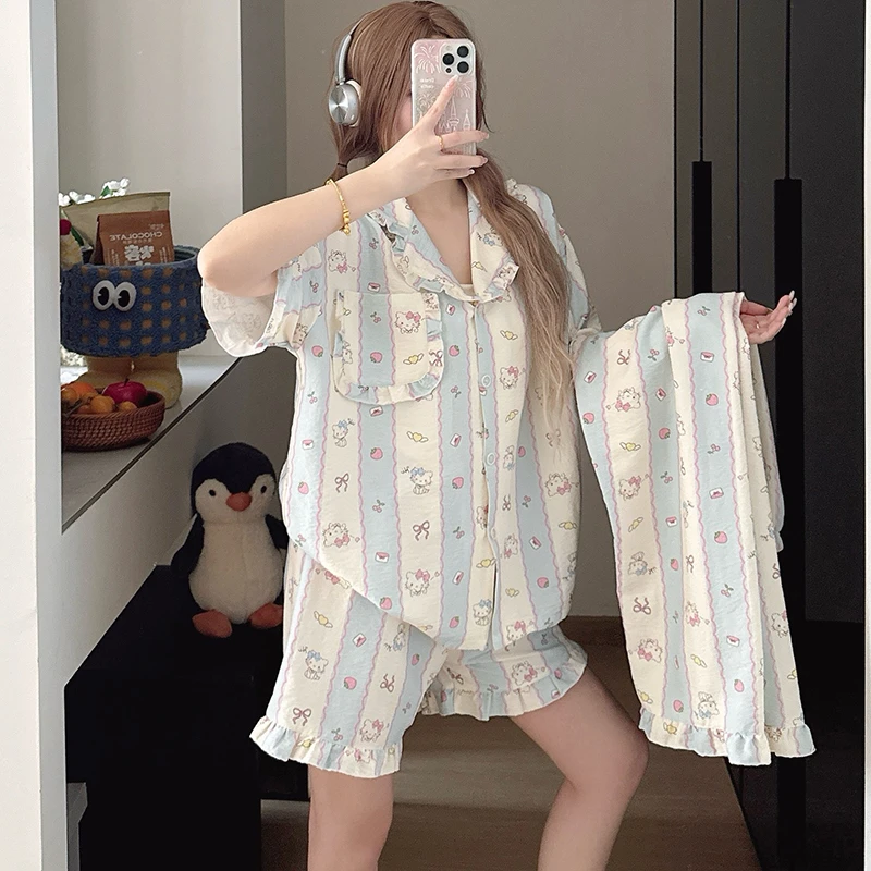 夏季新款女士短袖睡衣蕾丝翻领口袋短袖短裤长裤薄款家居服套装