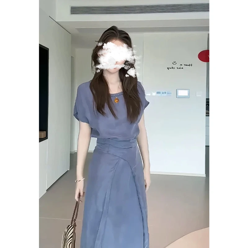 连衣裙2025夏季新款法式气质圆领花边短袖系带收腰显瘦中长款裙子