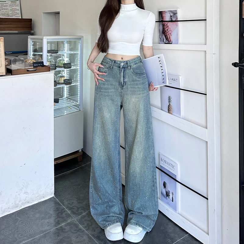 复古重工流星雨烫钻直筒阔腿牛仔裤女秋季高腰宽松显瘦小个子