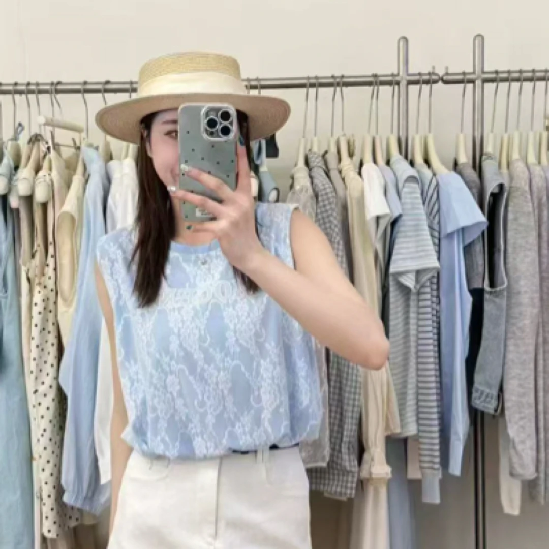 106#【衣长46】夏季时尚小众拼接刺绣慵懒风蕾丝短袖印花背心上衣