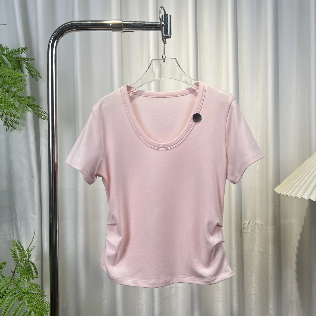 U领正肩T恤收腰显瘦夏季百搭T气质简约时尚穿搭女遮肉纯色修身