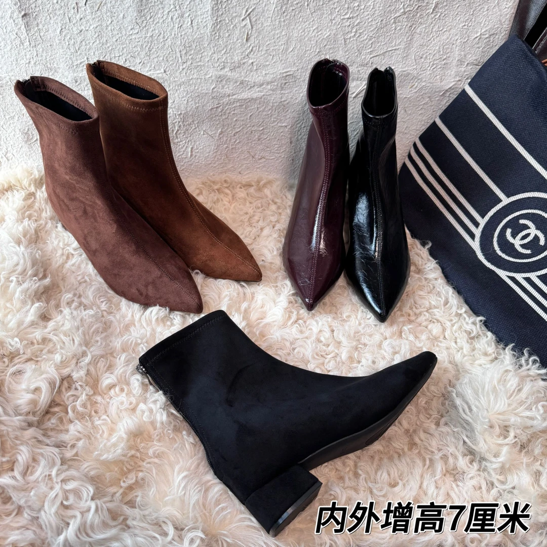 【内外增高7cm】DUOZHEN~小个子增高瘦瘦靴软皮女粗跟百搭短靴