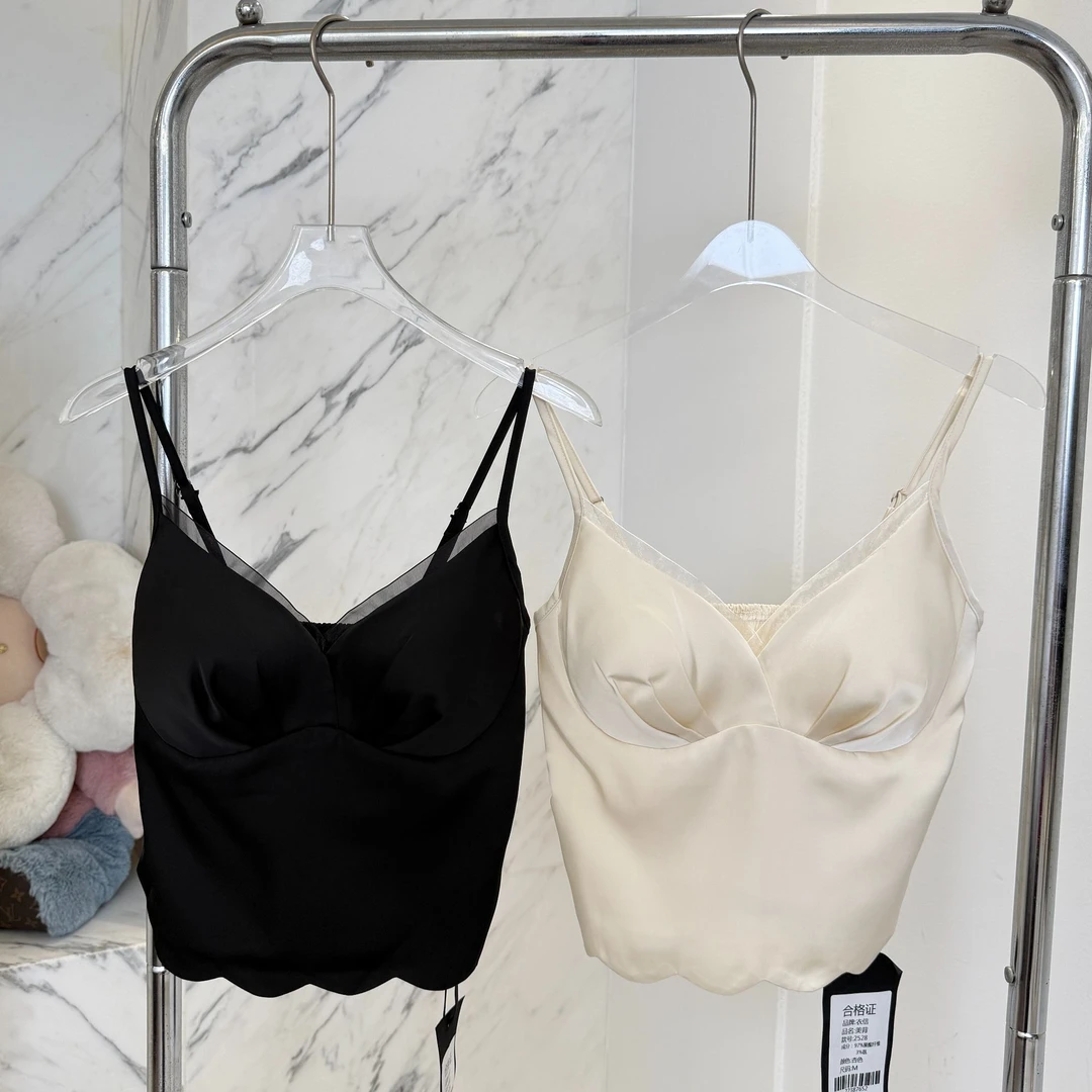 老钱顶豪欧根纱拼接缎面美背带胸垫上衣百搭打底吊带通勤2528