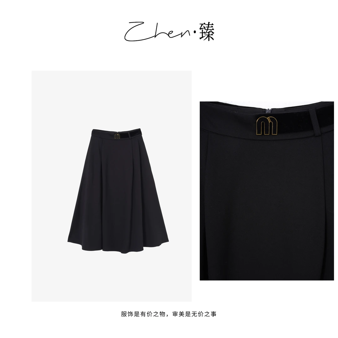 ZHEN.臻 冬季新款高腰拼接丝绒字母钉标显瘦A字半身裙女BSQ7526Z