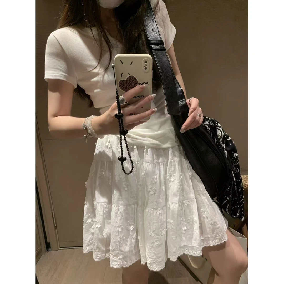 SP 白色刺绣拼接花边短裙女夏季新款减龄浪漫气质半身裙