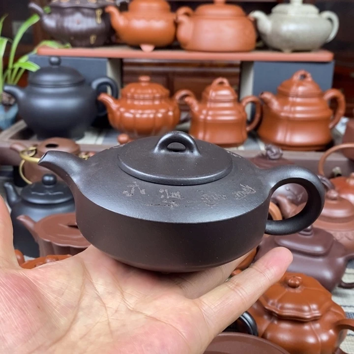 紫砂茶壶曼生扁石200cc原生矿黑料特价