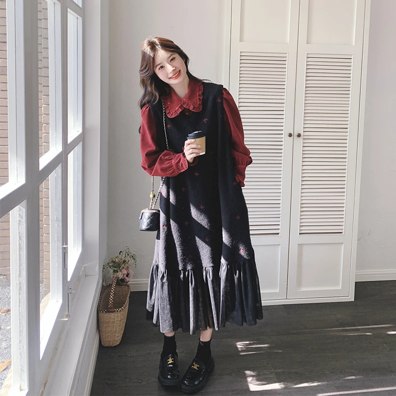 韩系复古红色衬衫刺绣连衣裙女2025春季半高领花边减龄两件套套装