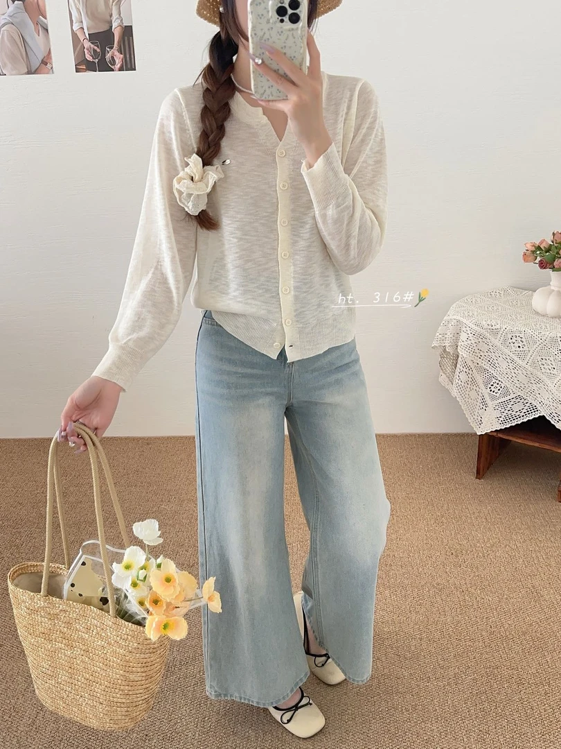 316 韩系简约剪刀领针织防晒开衫女夏季宽松显瘦百搭上衣女