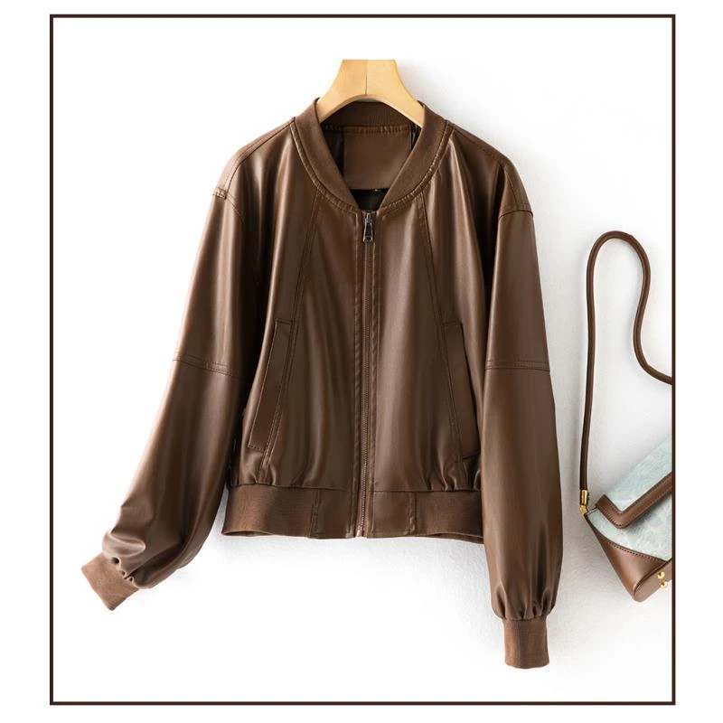 25新款海宁皮衣百搭显瘦圆领时尚棒球服女装6015款