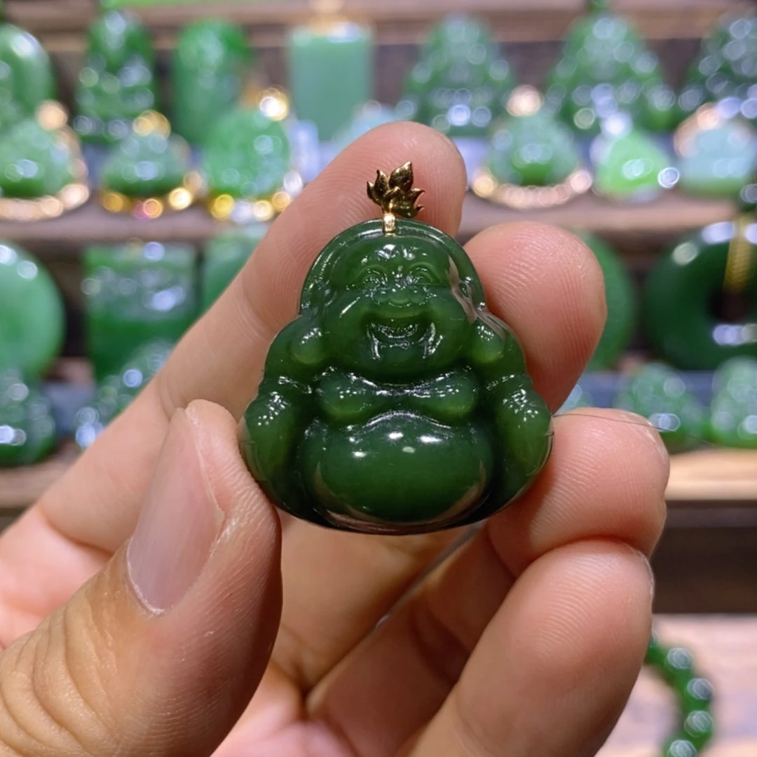 【闪购商品】和田玉18K金镶嵌吊坠(不含链)菠菜绿佛公27.5/12.9