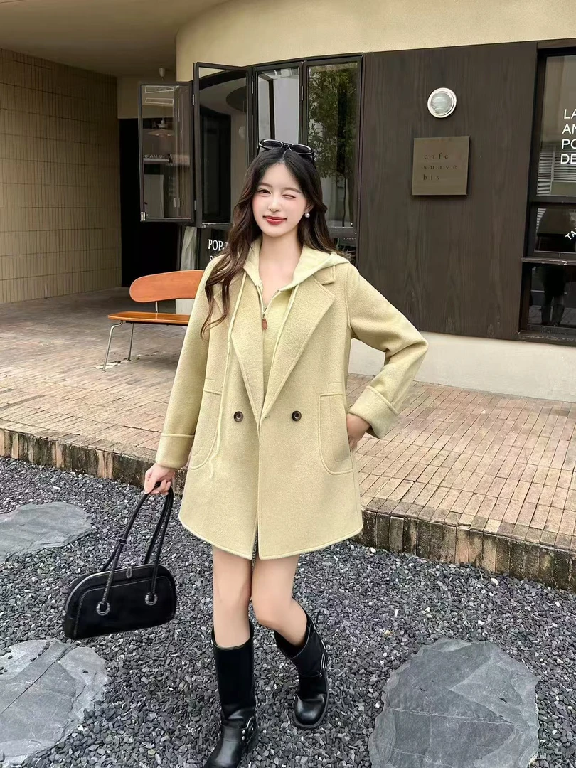 气质针织时尚百搭女士双面连帽真两件套宽松-585