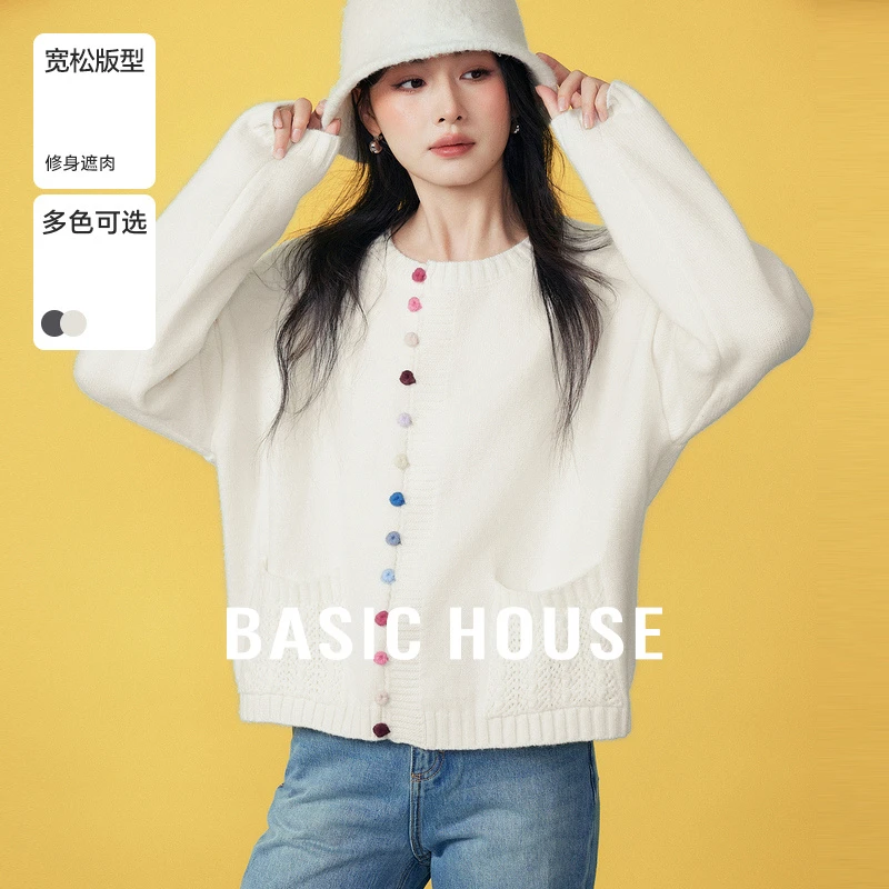 Basic House/百家好秋冬季慵懒风宽松开衫针织衫毛衣-B06245A2622