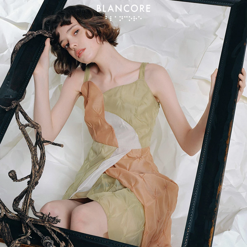 【设计师品牌BLANCORE】夏季新款拼色中长吊带连衣裙