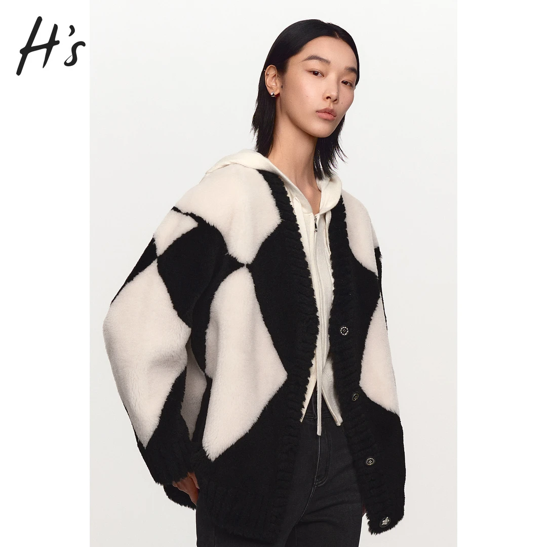 【反季"放"价】HS冬季外套经典黑白撞色菱形格女装简约上衣