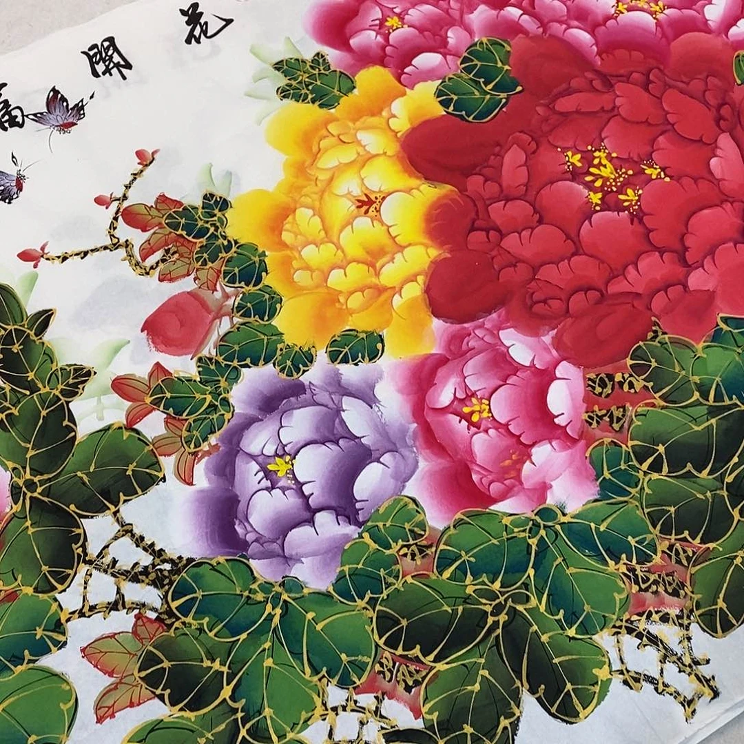 国画收藏金线牡丹手绘