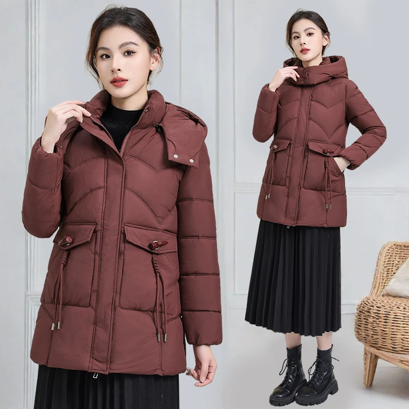 牛角扣棉服女中长款2024新款冬装可脱卸帽棉衣冬季保暖棉袄外套