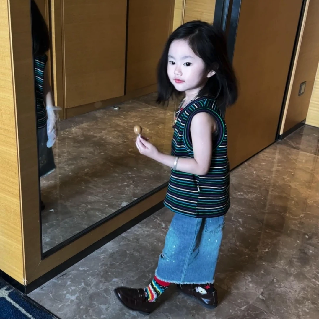 壹妈韩版童装女童套装夏季儿童洋气时髦条纹印花背心蓝色牛仔短裤