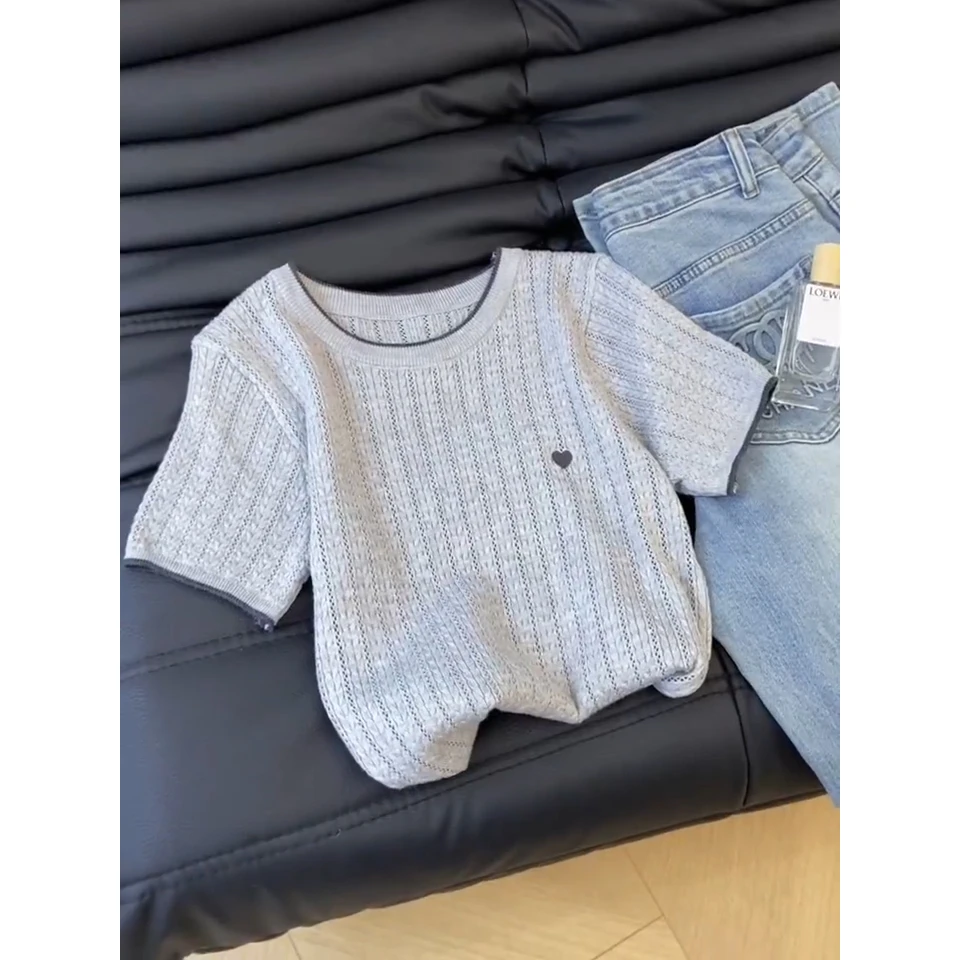 正肩针织短袖t恤女2025夏季新款撞色圆领刺绣短款内搭打底衫上衣