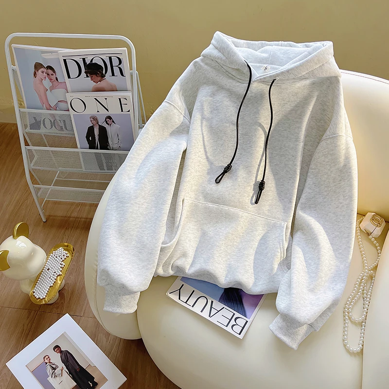 美式休闲纯色连帽卫衣女秋冬2025年基础款时尚宽松慵懒风情侣外套