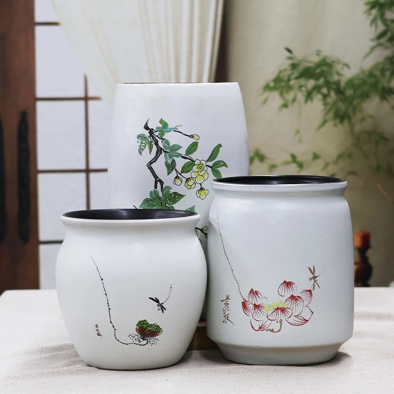现代简约贴花手绘陶瓷透气粗陶大口径花盆发财树三角梅白色花盆