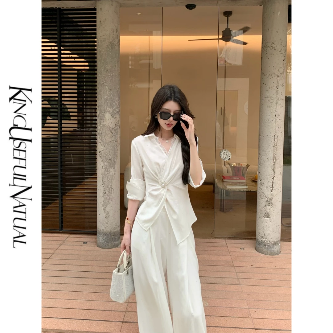 KUN【秋日信使】法式in*s风 定制撒银麻料衬衫阔腿裤白色简约套装