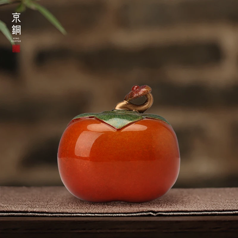 京铜柿柿如意柿子黄铜桌面摆件手把件茶宠办公桌装饰纯手工铸造