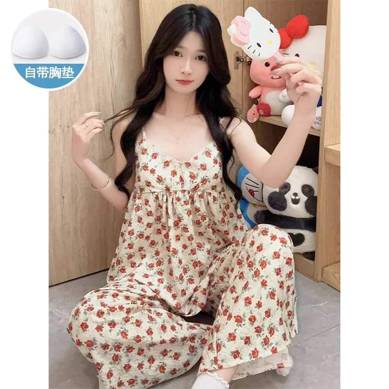夏季2025新款睡衣女款带胸垫一体甜美碎花吊带长裤家居服套装外穿