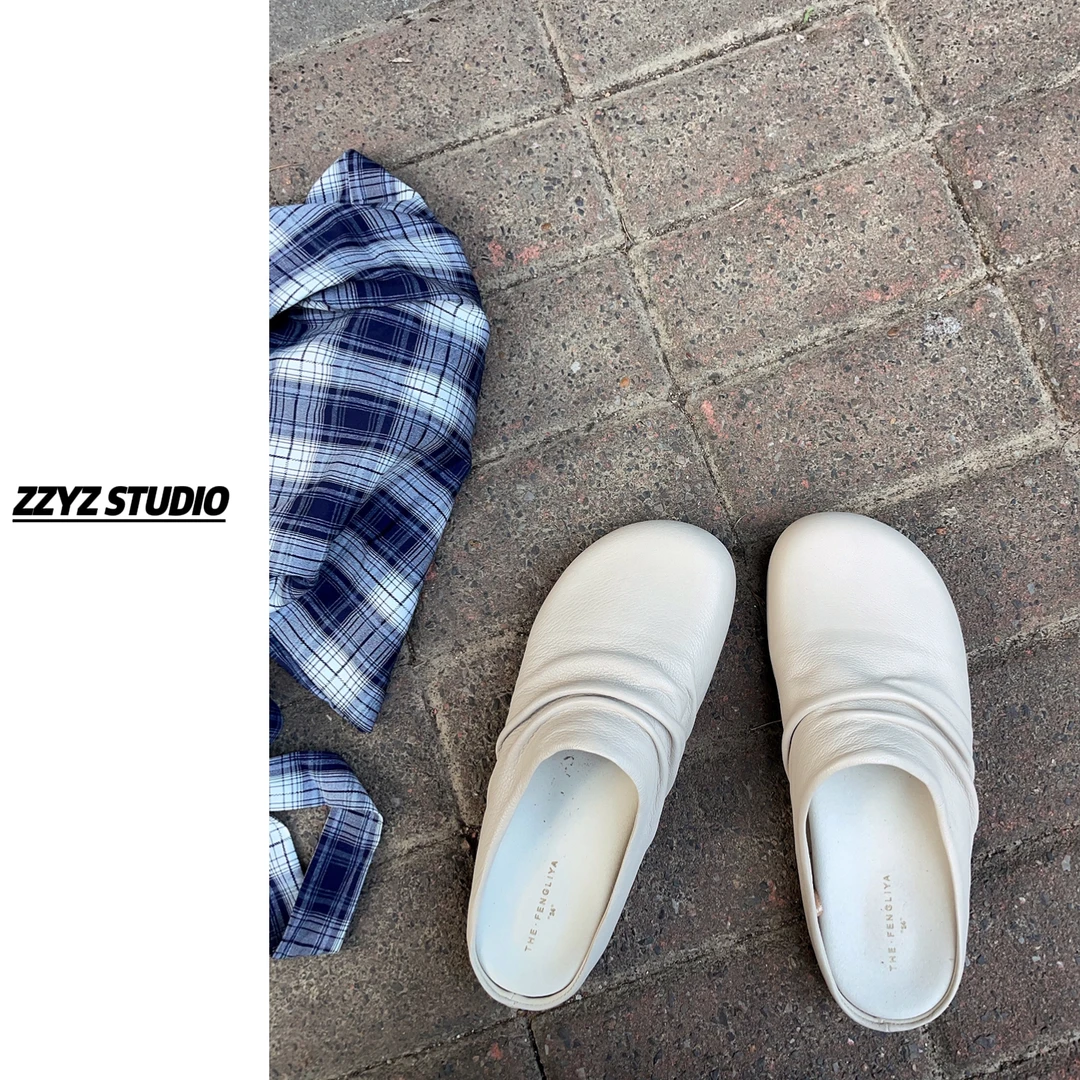 【ZZYZ】厚底褶皱勃肯鞋复古博肯穆勒凉拖包头半拖鞋