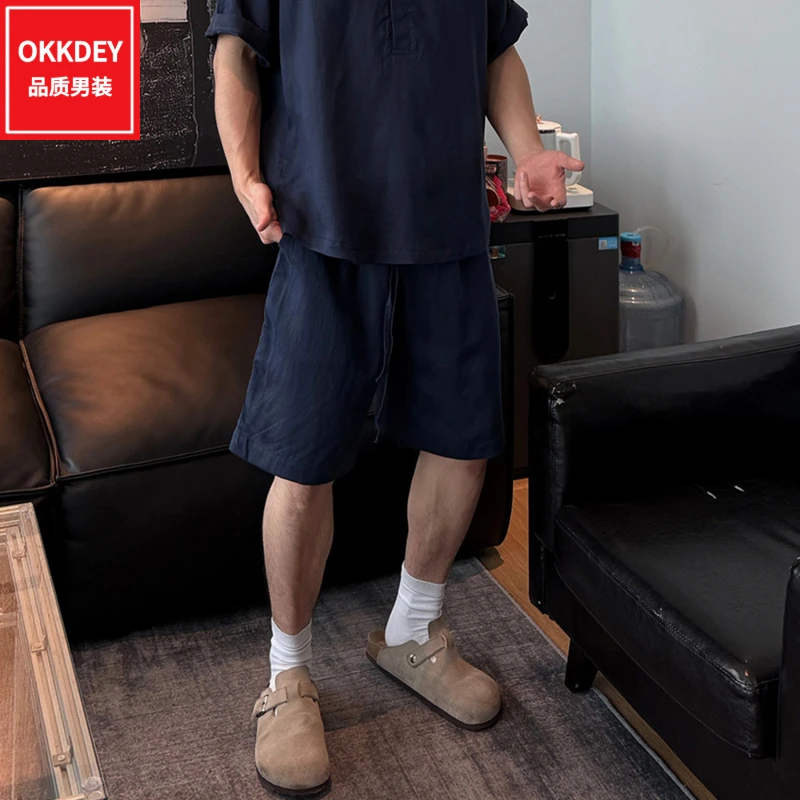 男士棉麻短裤夏季新款宽松透气五分裤高端轻奢老钱风男装休闲裤子