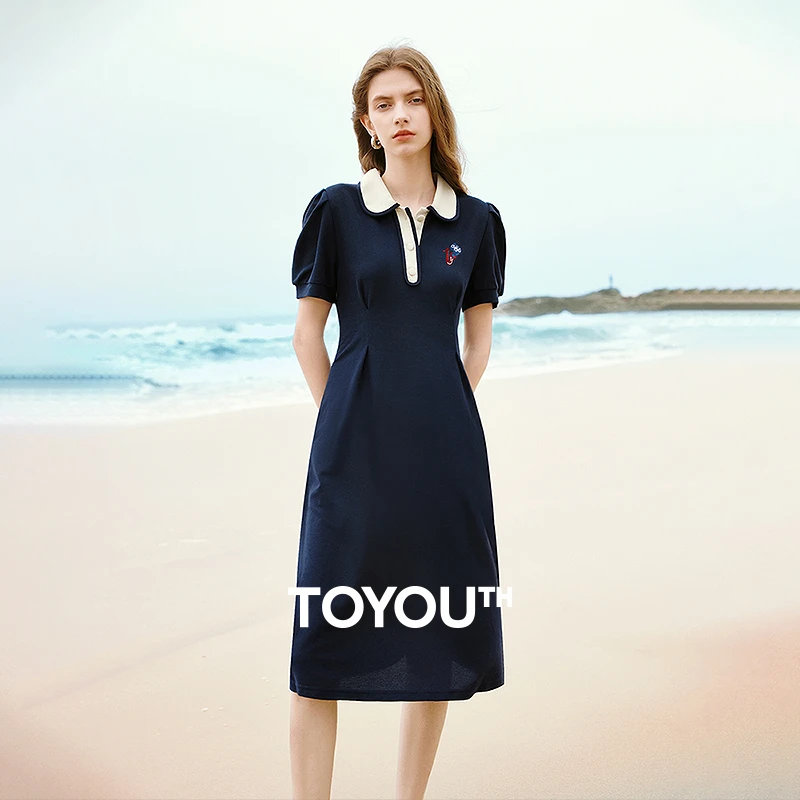 初语新学院风连衣裙25夏新收腰显瘦中长款POLO裙8429801