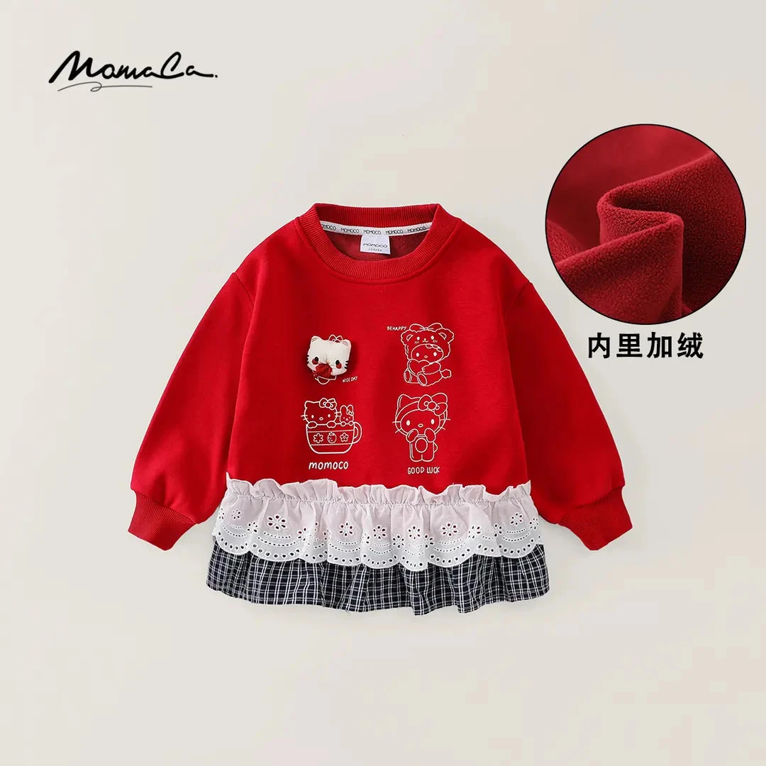 MOMOCO冬季女童甜美小猫加绒卫衣裙摆洋气上衣77830232035