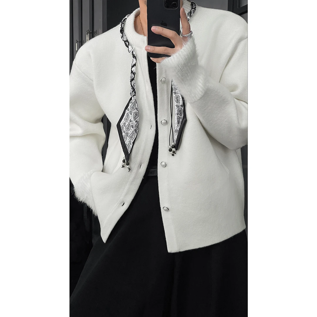 龙叨叨秋冬新品小众设计高级感丝巾针织衫男宽松软糯百搭开衫毛衣